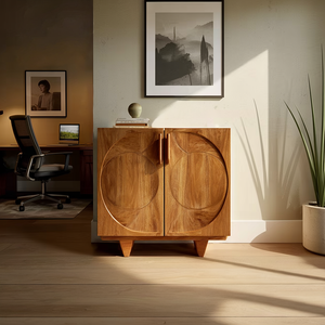 Mid Century Solid Wood Sideboard with Geometric Circle Carved Doors Modern Living Room Storage Cabinet