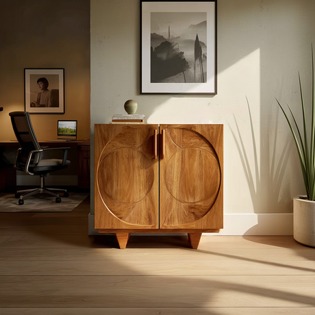 Mid Century Solid Wood Sideboard with Geometric Circle Carved Doors Modern Living Room Storage Cabinet