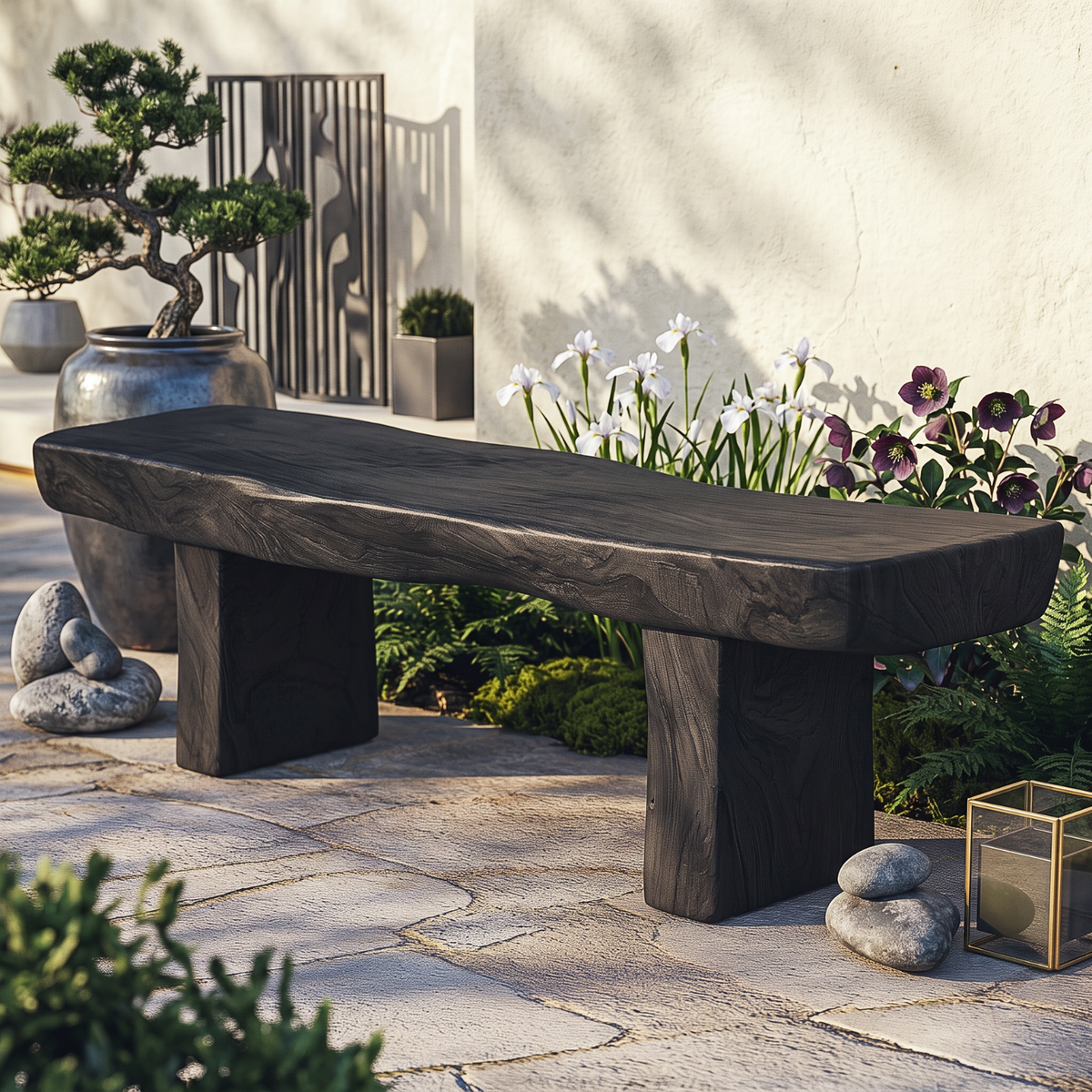 Handcrafted Live Edge Solid Wood Garden Bench with Natural Slab Seat