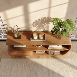 Sculptural Solid Wood Sideboard with Open Shelving and Drawer