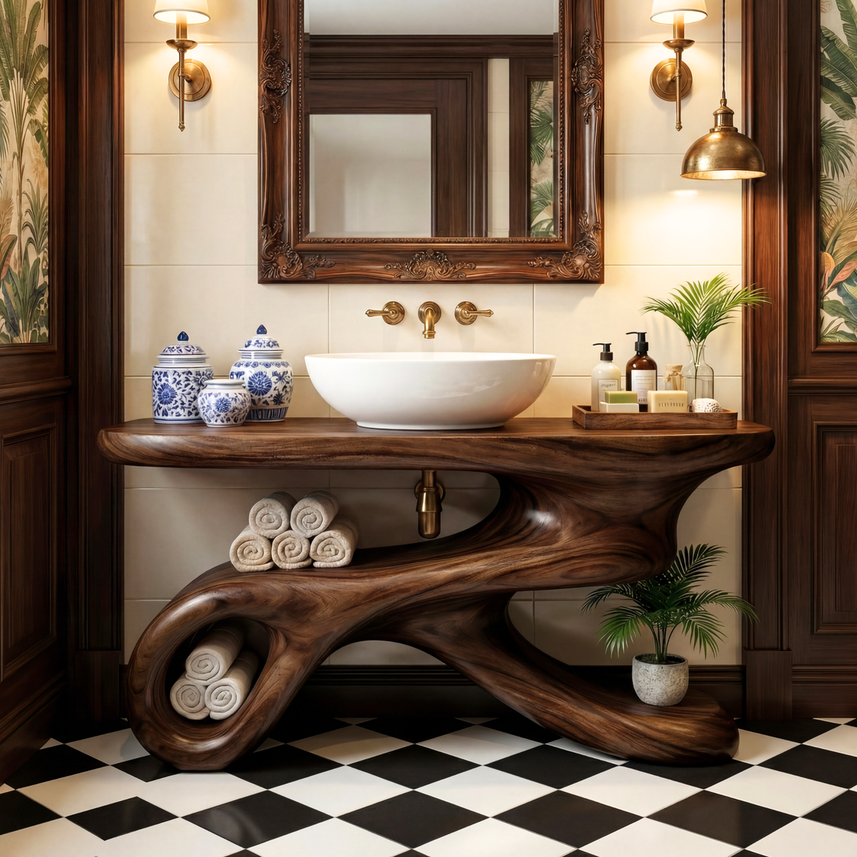 Organic Modern Wood Bathroom Vanity with Sculptural Open Storage Base