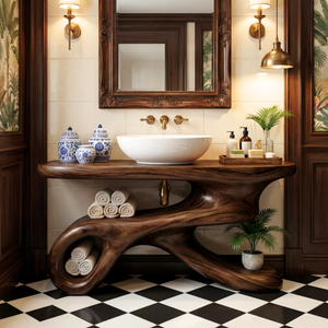 Organic Modern Wood Bathroom Vanity with Sculptural Open Storage Base