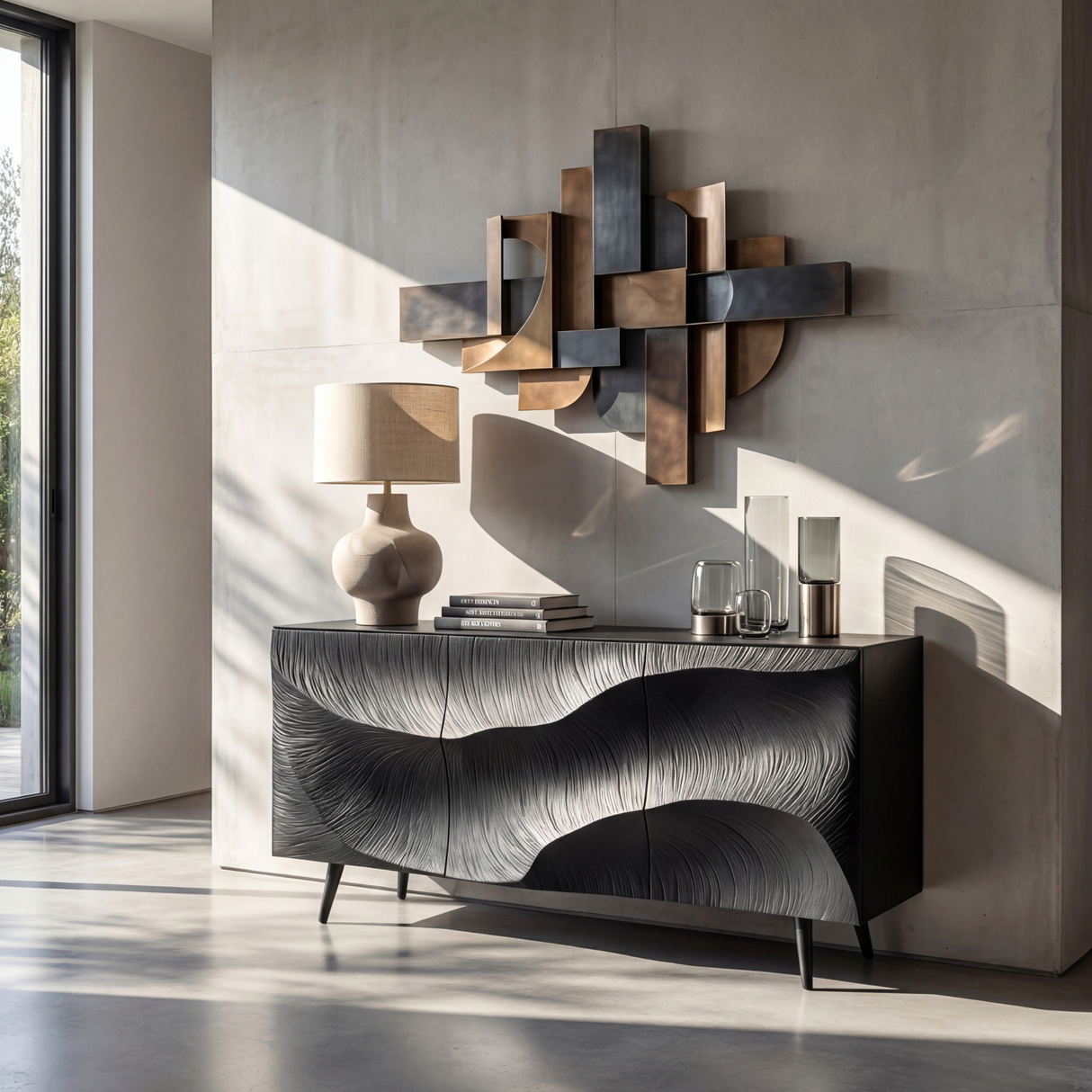 Sculpted Black Feather Front Wood Sideboard Cabinet for Modern Living and Dining Rooms