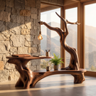Sculptural Solid Wood Desk with Hanging Light Tree Inspired Writing Table Organic Modern Workspace