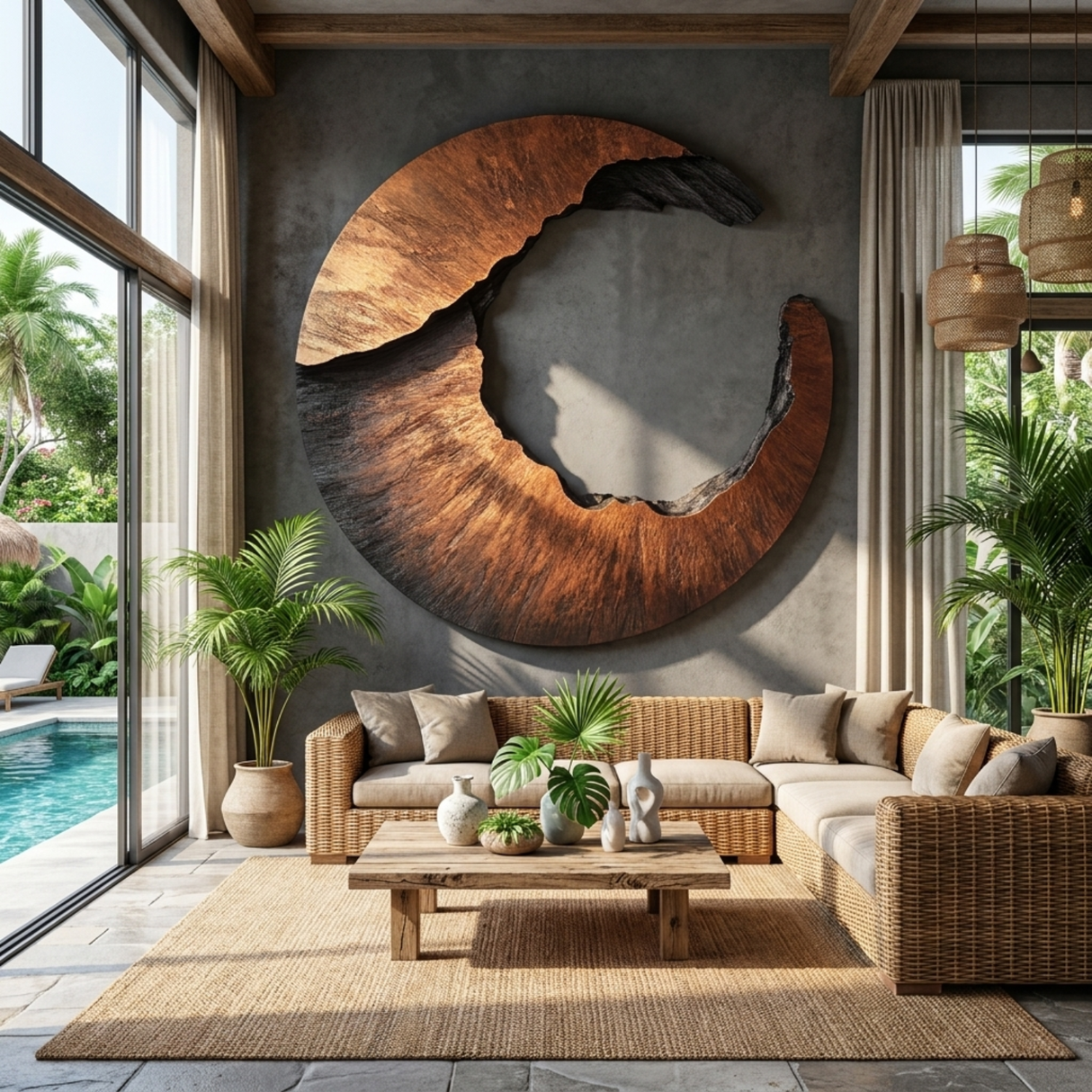 Wall Sculpture Solid Wood Open Crescent Ring for Bedroom and Living Room Decor
