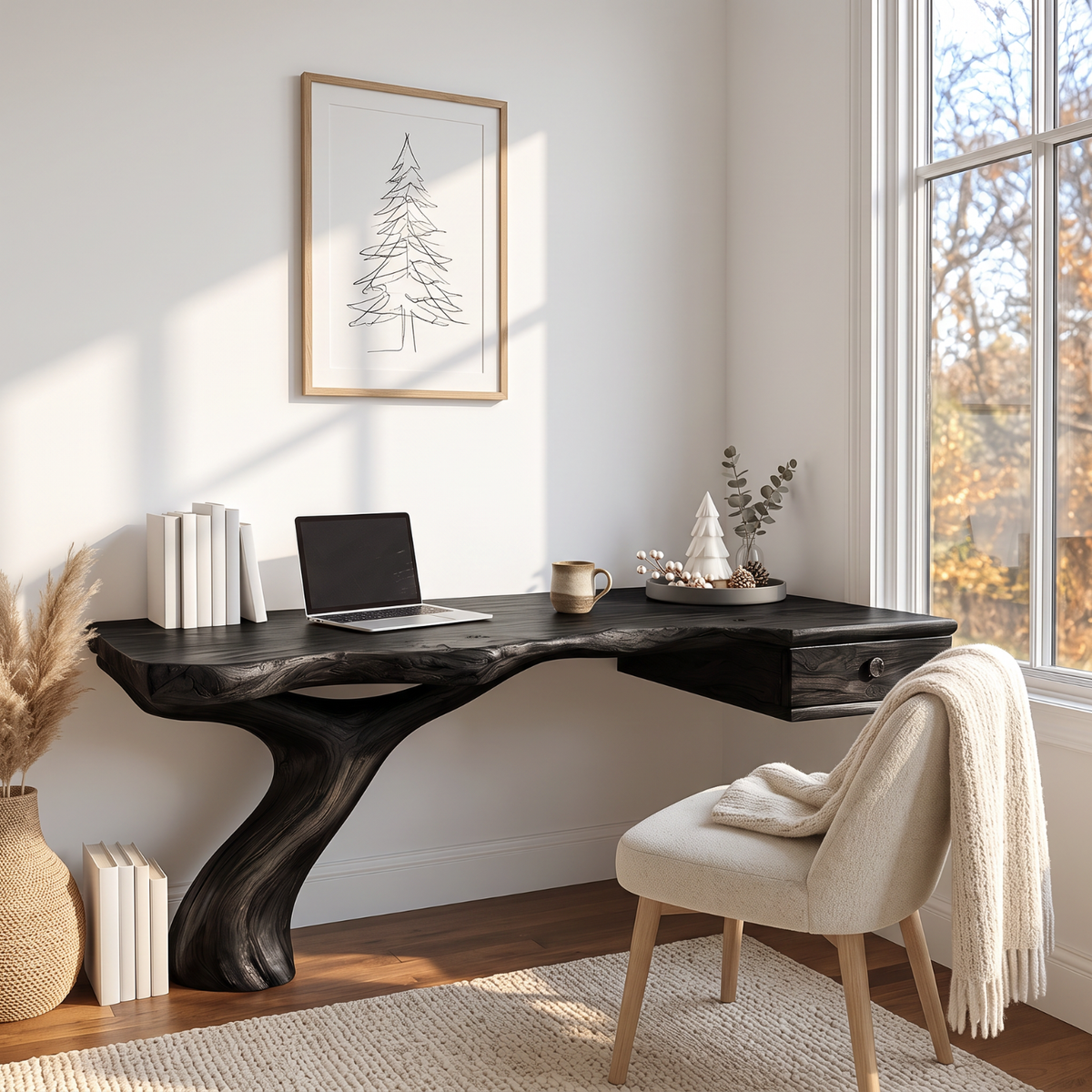 Live Edge Solid Wood Desk with Sculptural Curved Leg and Floating Drawer