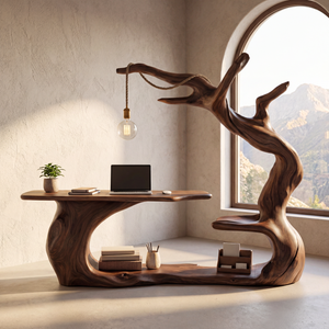 Organic Sculptural Wood Workstation with Hanging Lamp and Storage Shelf
