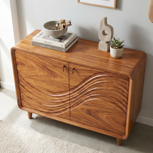 Natural Solid Wood Sideboard with Flowing Relief Carved Front