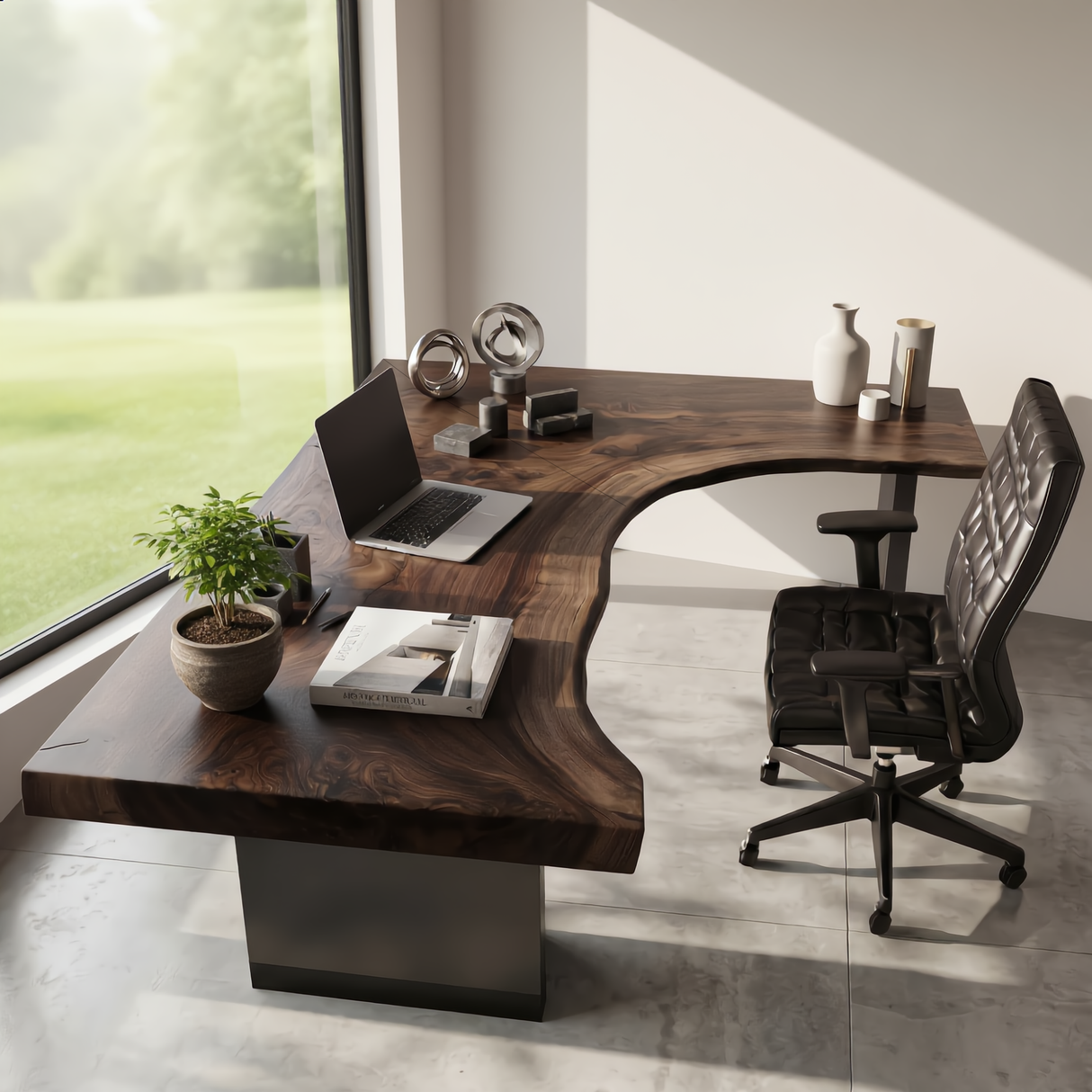 Live Edge Solid Wood Desk with Sculptural Cutout Design