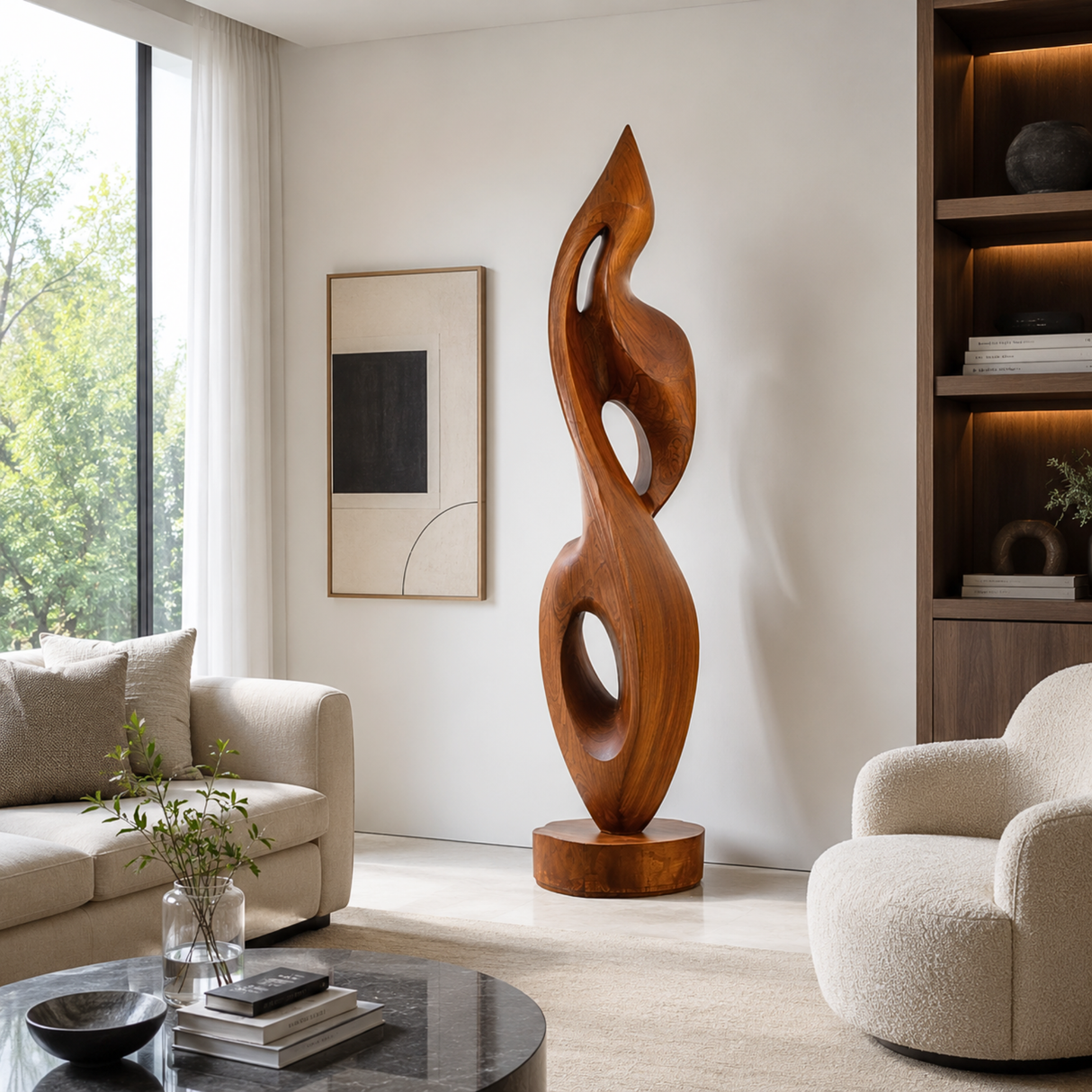 Handcrafted Solid Wood Abstract Floor Sculpture with Flowing Open Form