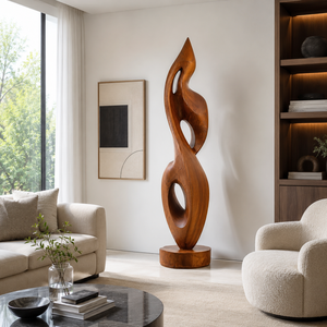 Handcrafted Solid Wood Abstract Floor Sculpture with Flowing Open Form