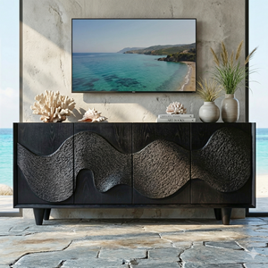Solid Wood TV Cabinet with Wave Carved Doors for Organic Modern Interiors