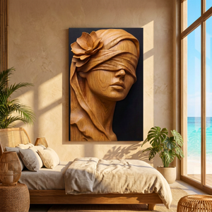 Golden Veil Bloom Wooden Relief Portrait Sculpture Wall Art