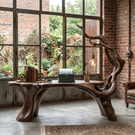 Handmade Solid Wood Sculptural Desk With Hanging Lamp Organic Modern Artistic Workspace Table