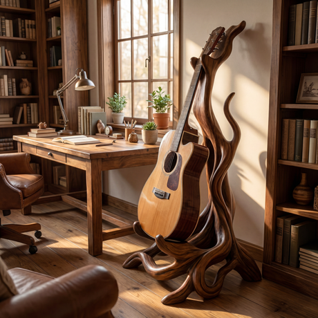 Artisan Wooden Guitar Stand Organic Sculptural Acoustic Holder