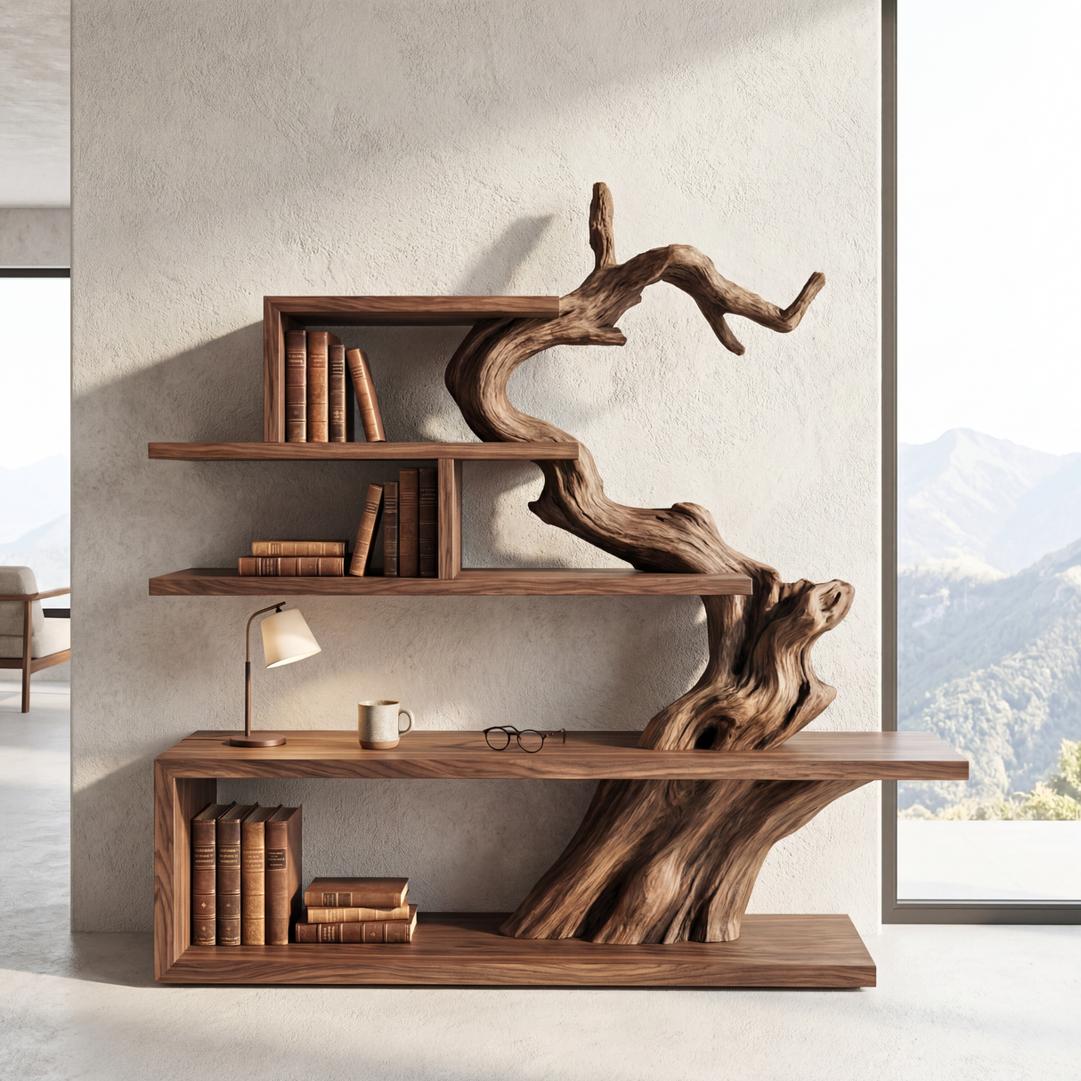Organic Solid Wood Bookshelf with Sculptural Tree Form Modern Display Shelf Storage Unit