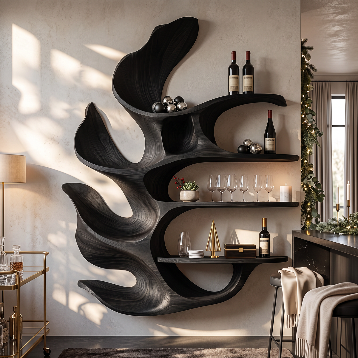 Carved Leaf Solid Wood Wall Wine Holder with Four Floating Display Shelves