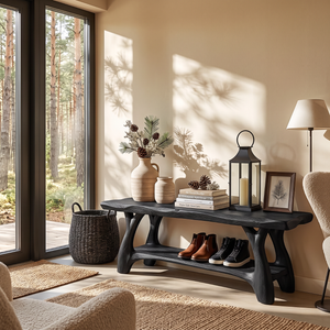 Organic Solid Wood Shoe Bench with Sculptural Legs and Open Shelf