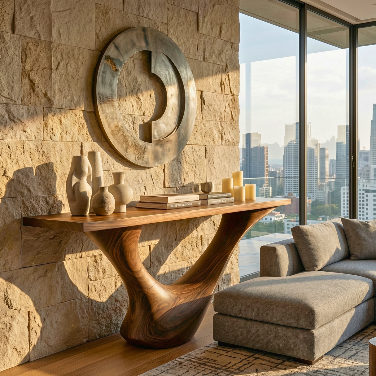 Handcrafted Solid Wood Sculptural Console Table with Organic Flow Base for Modern Interiors