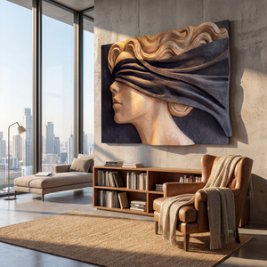 Wind Veil Profile Wooden Relief Portrait Sculpture Wall Art