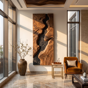 Vertical Sculpted Wood Wall Art with Layered Relief and Contrasting Textures