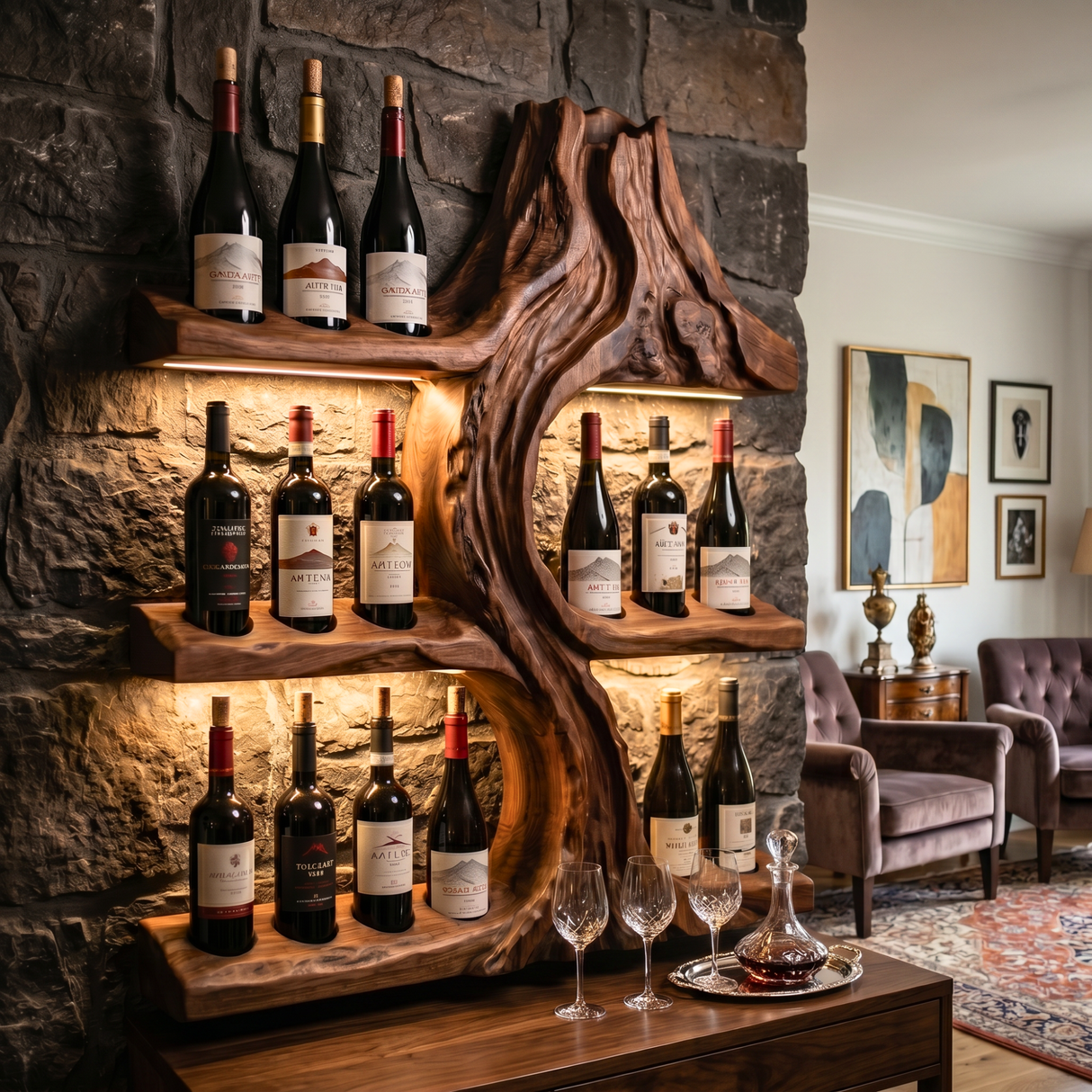 Volcanic Inspired Solid Wood Wine Rack Wall Shelf