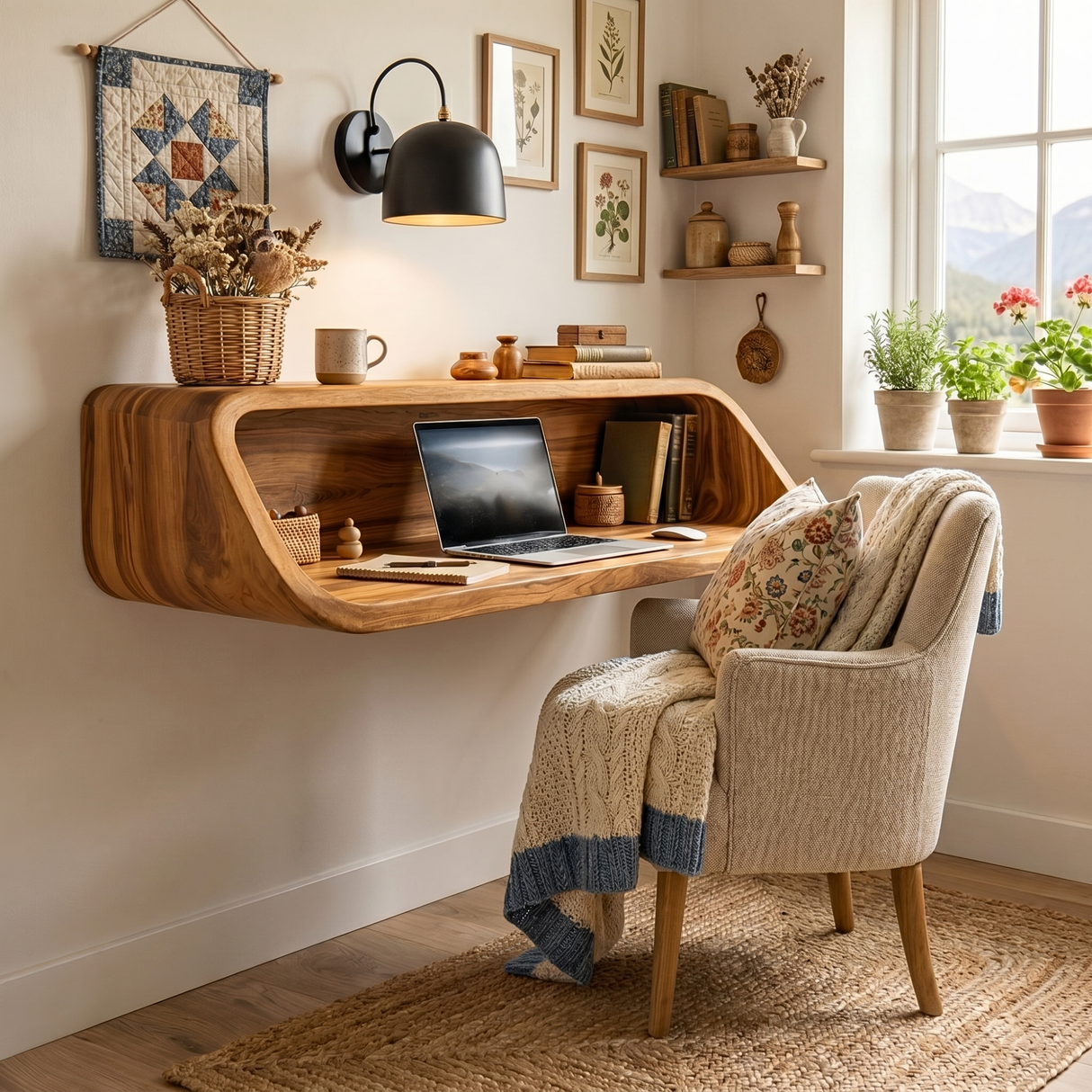 Floating Solid Wood Writing Desk with Soft Curved Form