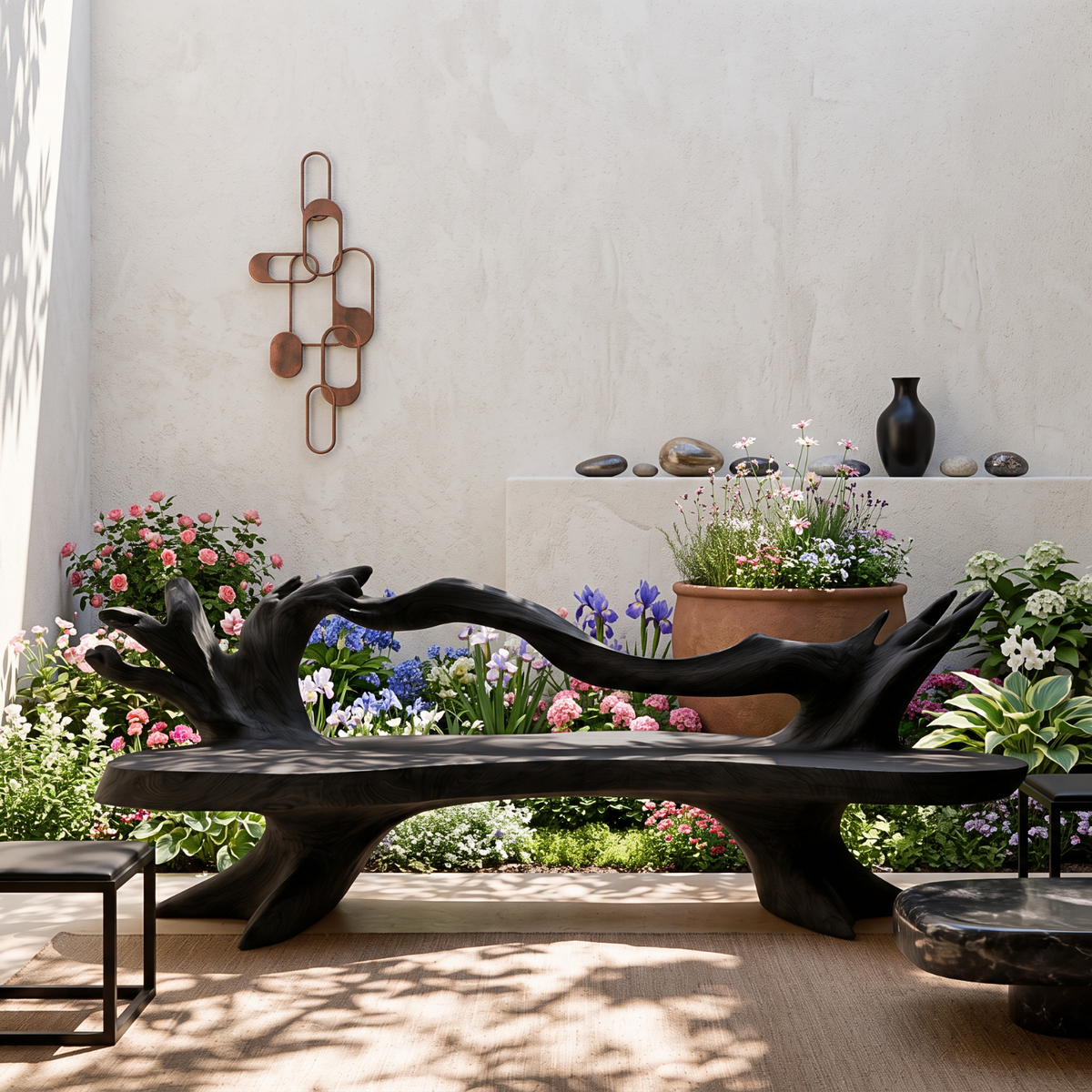 Handcrafted Outdoor Solid Wood Bench with Sculptural Branch Backrest