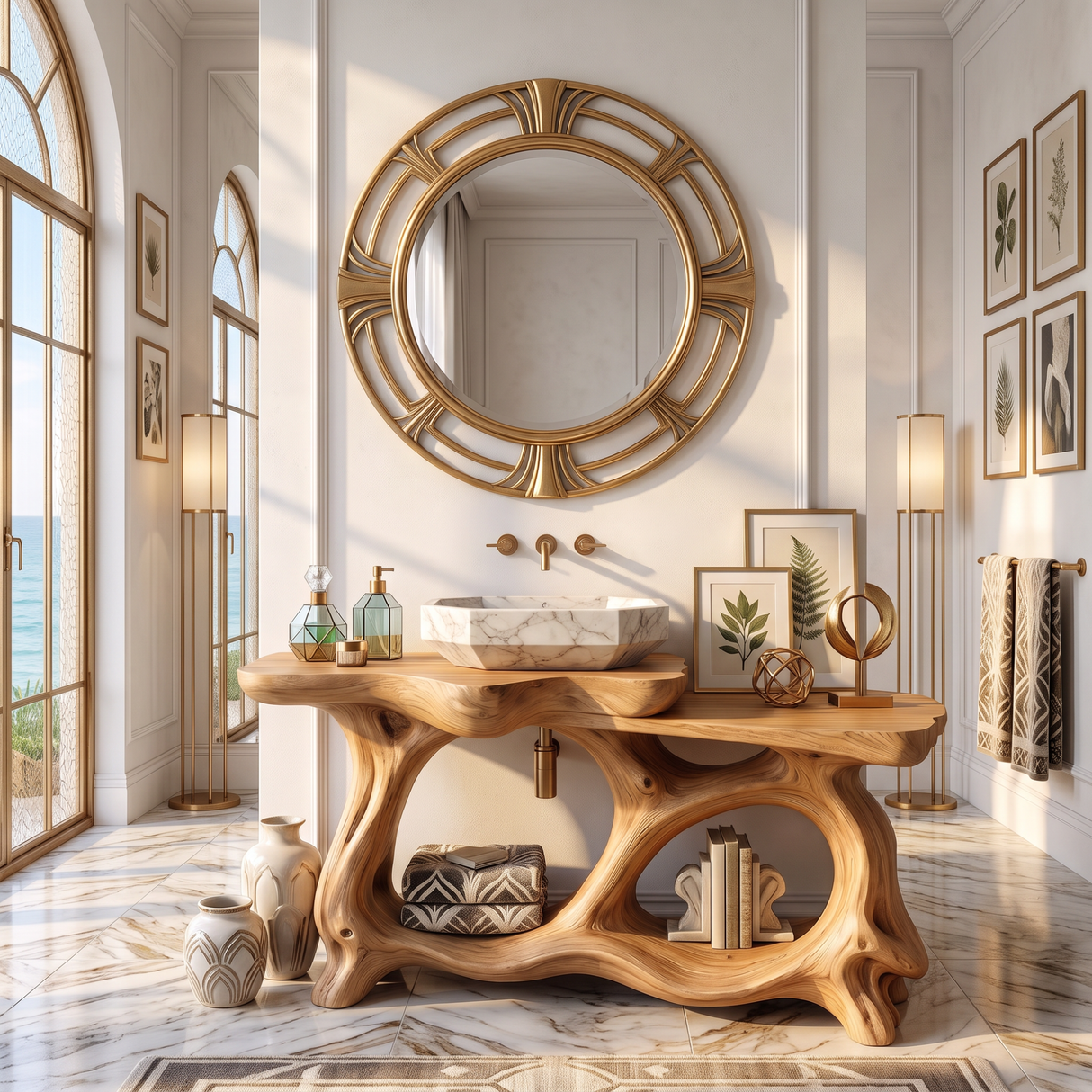 Bathroom Vanity Solid Wood with Sculptural Double Arch Base