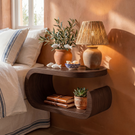 Handcrafted Solid Wood Floating Nightstand with Curved Open Storage for Bedroom