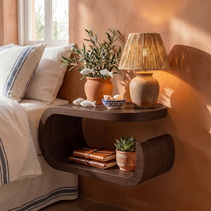 Handcrafted Solid Wood Floating Nightstand with Curved Open Storage for Bedroom