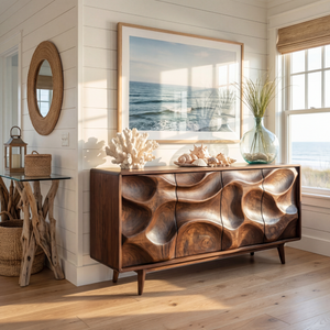Sculpted Solid Wood Sideboard Cabinet with Organic Carved Front