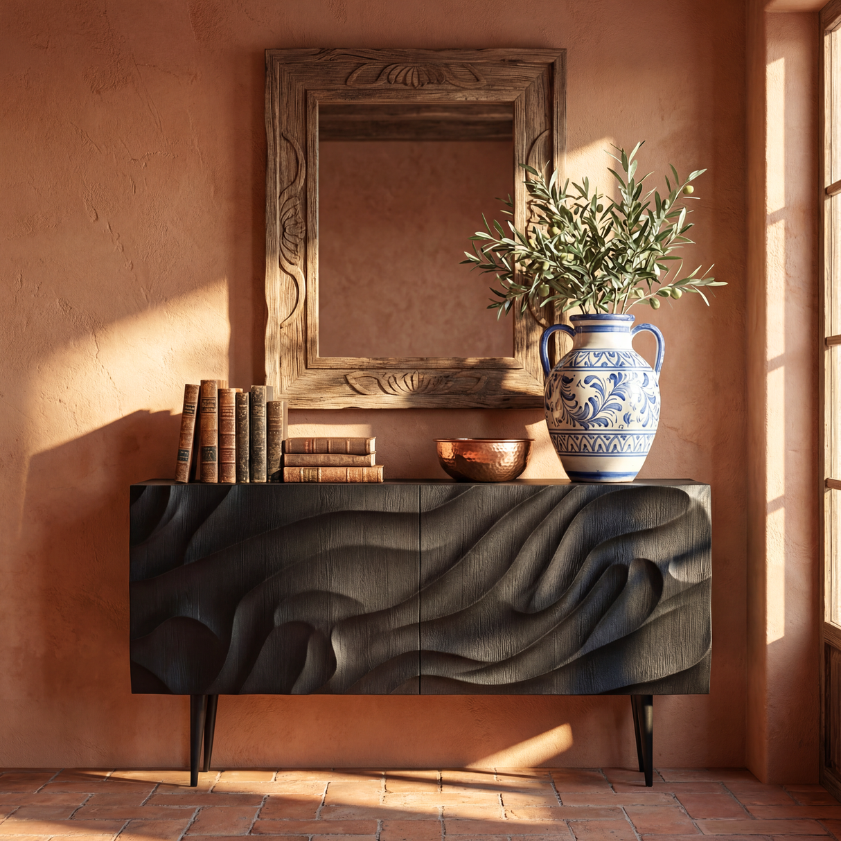 Sculpted Black Wood Sideboard Cabinet with Carved Wave Front for Modern Living and Dining Rooms