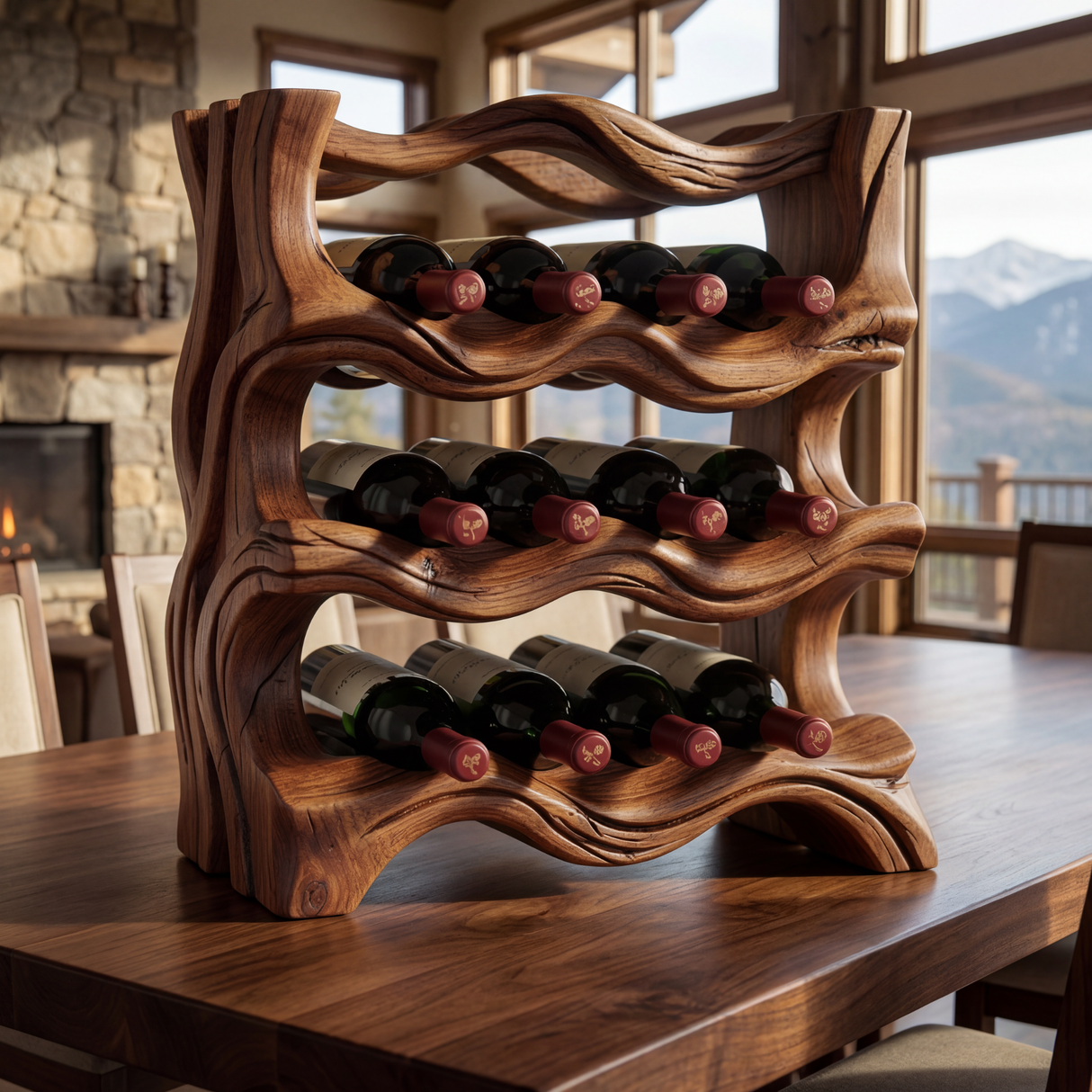 Organic Solid Wood Wine Rack Sculptural Multi Tier Bottle Holder for Countertop