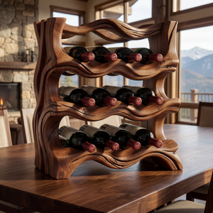 Organic Solid Wood Wine Rack Sculptural Multi Tier Bottle Holder for Countertop