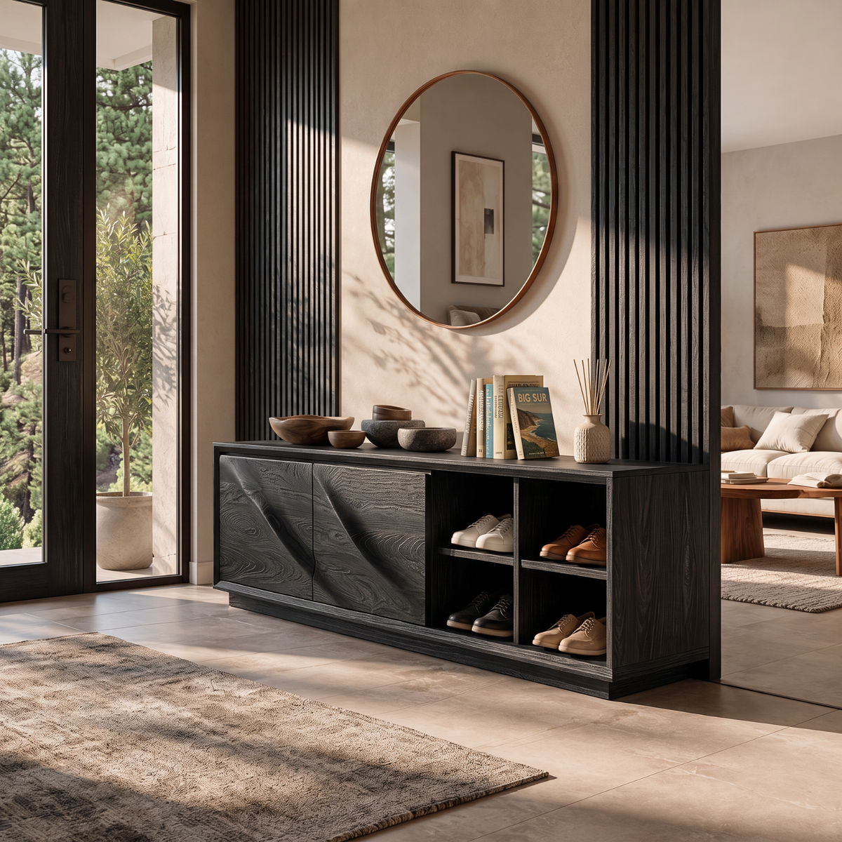 Shoe Cabinet Solid Wood with Closed Storage and Open Shelves