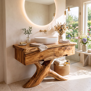 Bathroom Vanity Solid Wood with Root Pedestal and Drawer Storage