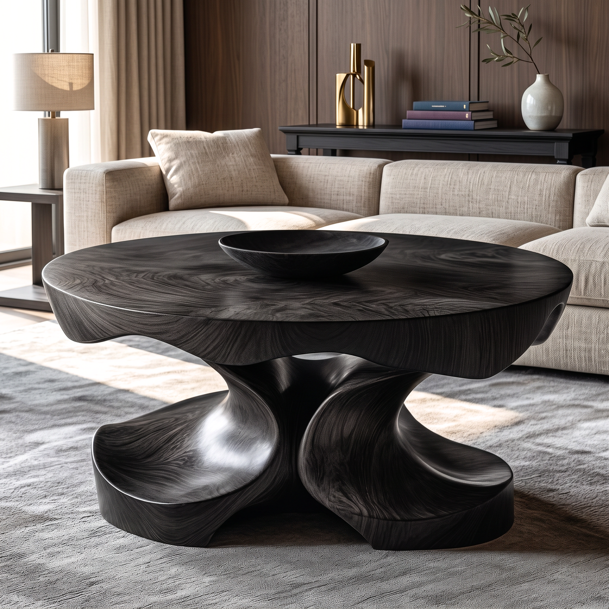 Coffee Table Solid Wood with Sculptural Four-Lobed Pedestal Base for Living Room