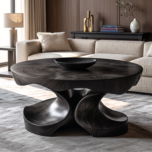 Coffee Table Solid Wood with Sculptural Four-Lobed Pedestal Base for Living Room