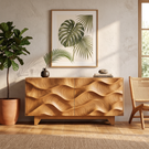 Sideboard Solid Wood with Sculptural Flowing Wave Relief Doors for Entryway Decor
