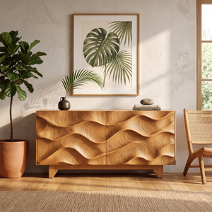 Sideboard Solid Wood with Sculptural Flowing Wave Relief Doors for Entryway Decor