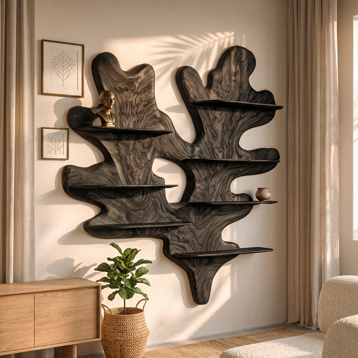 Sculptural Solid Wood Wall Shelf with Organic Leaf Inspired Design