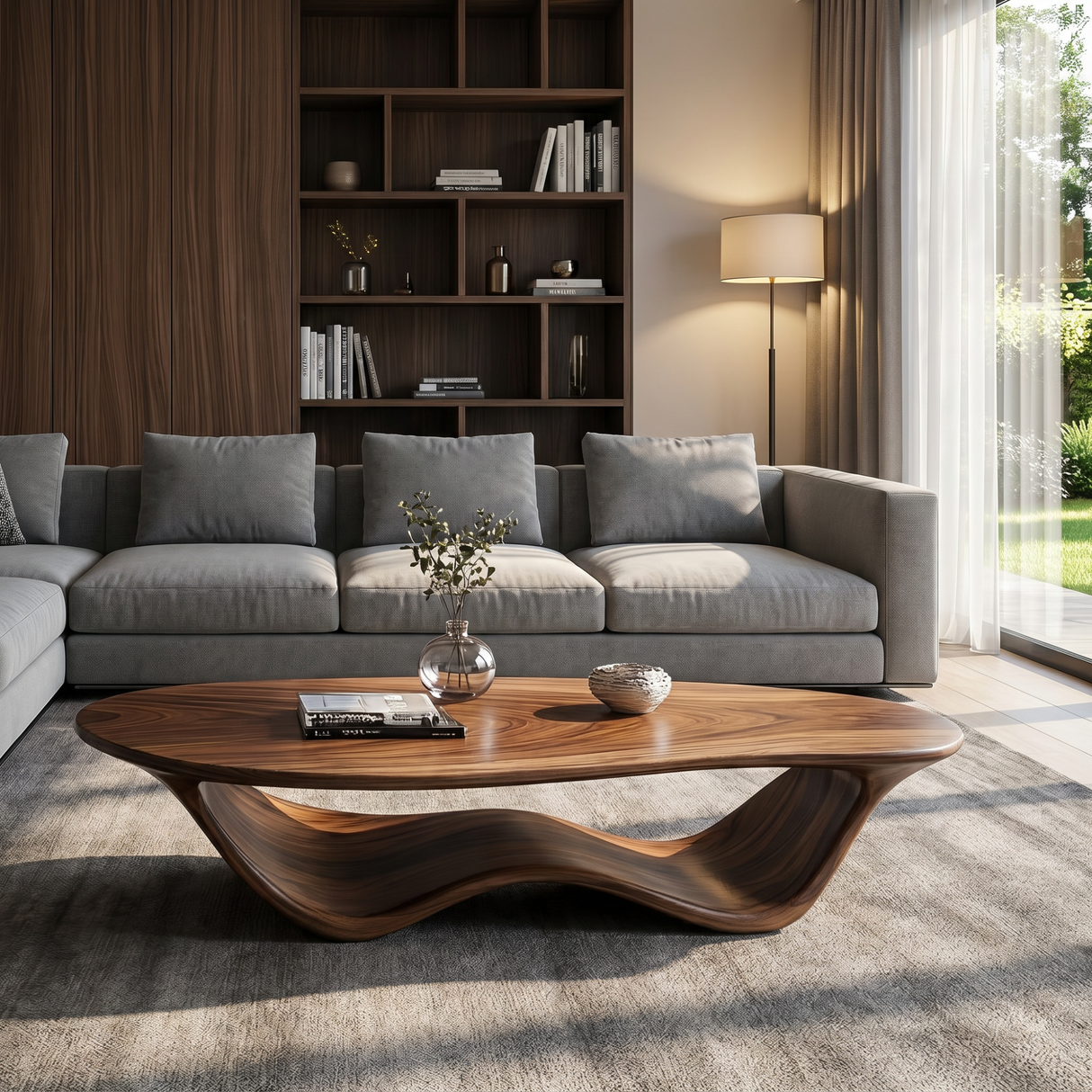 Coffee Table Solid Wood with Flowing Wave Sculptural Base for Living Room