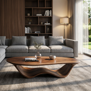 Coffee Table Solid Wood with Flowing Wave Sculptural Base for Living Room