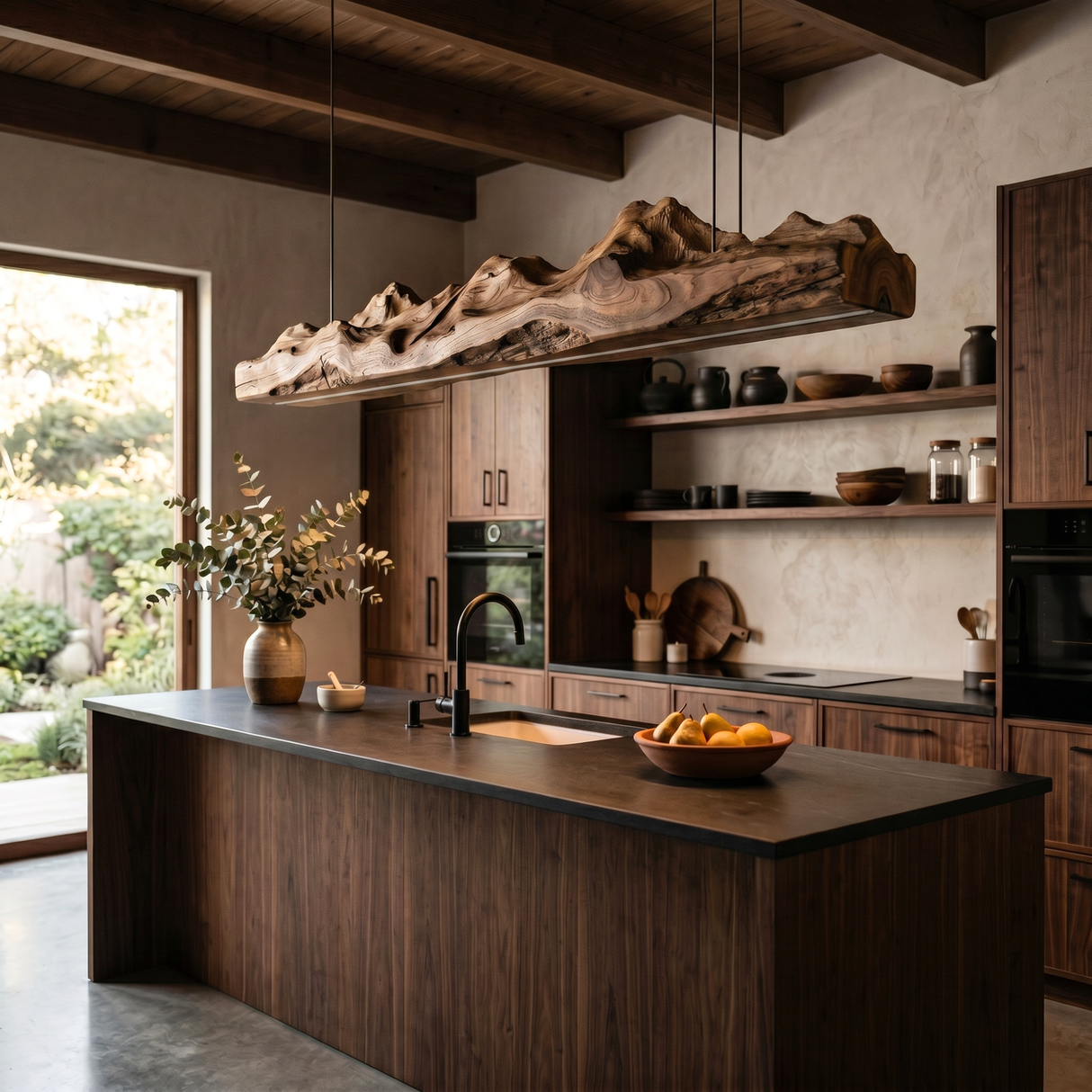 Organic Solid Wood Linear Pendant Light with Sculptural Live Edge Form