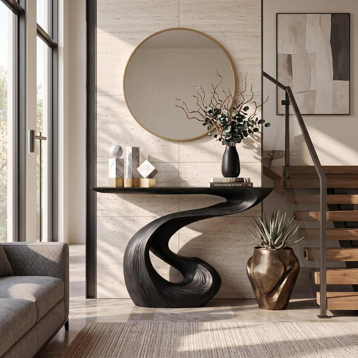Organic Solid Wood Console Table with Sculptural S-Curve Base