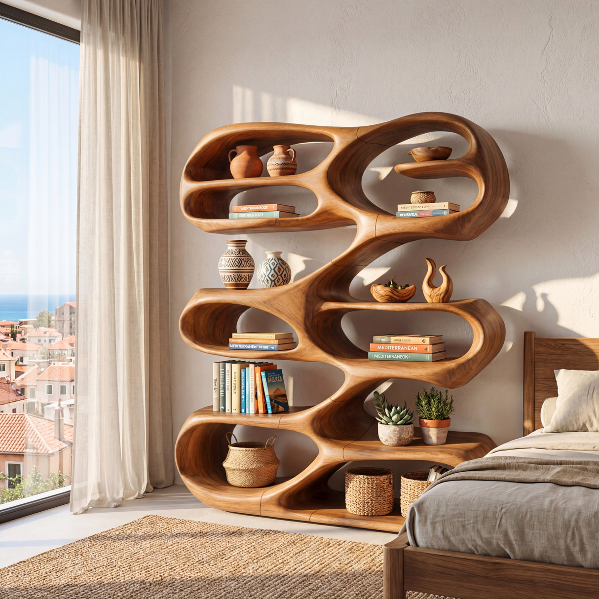 Freeform Wave Wood Bookcase with Open Sculptural Shelves