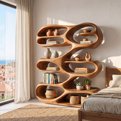 Freeform Wave Wood Bookcase with Open Sculptural Shelves