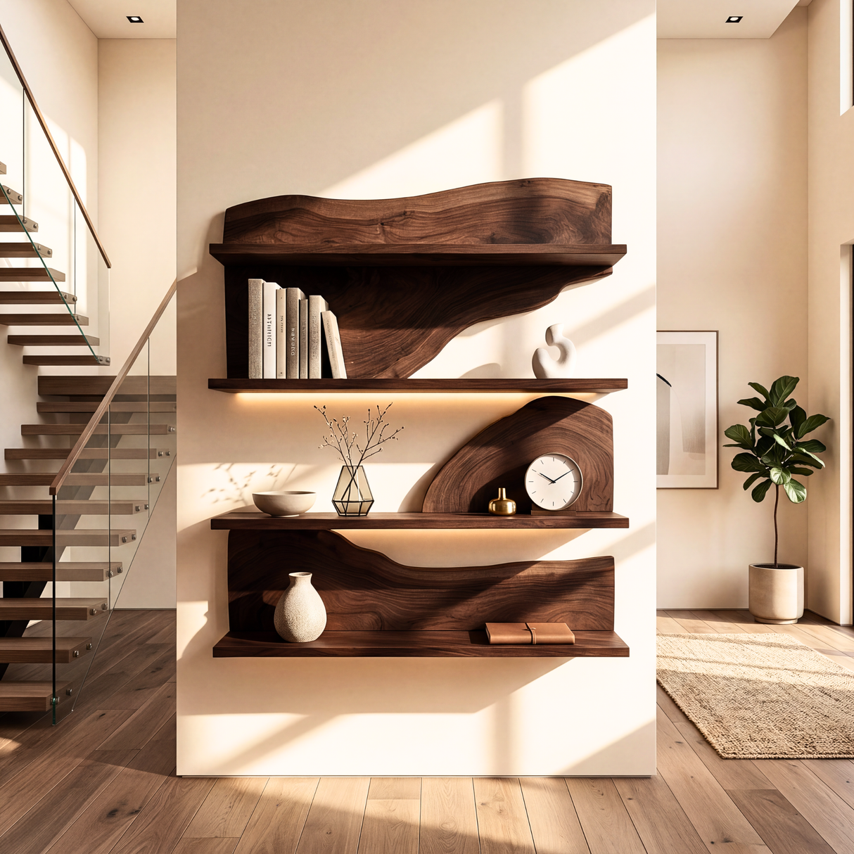 Modern Floating Wooden Shelves Sculptural Wall Mounted Shelf Set
