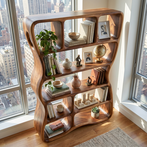Handcrafted Solid Wood Organic Bookshelf with Rounded Open Shelves